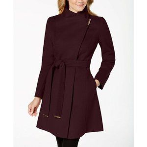 Plus Size Michael Kors Asymmetrical Wool Coat with Belt - Dark Ruby - 3X